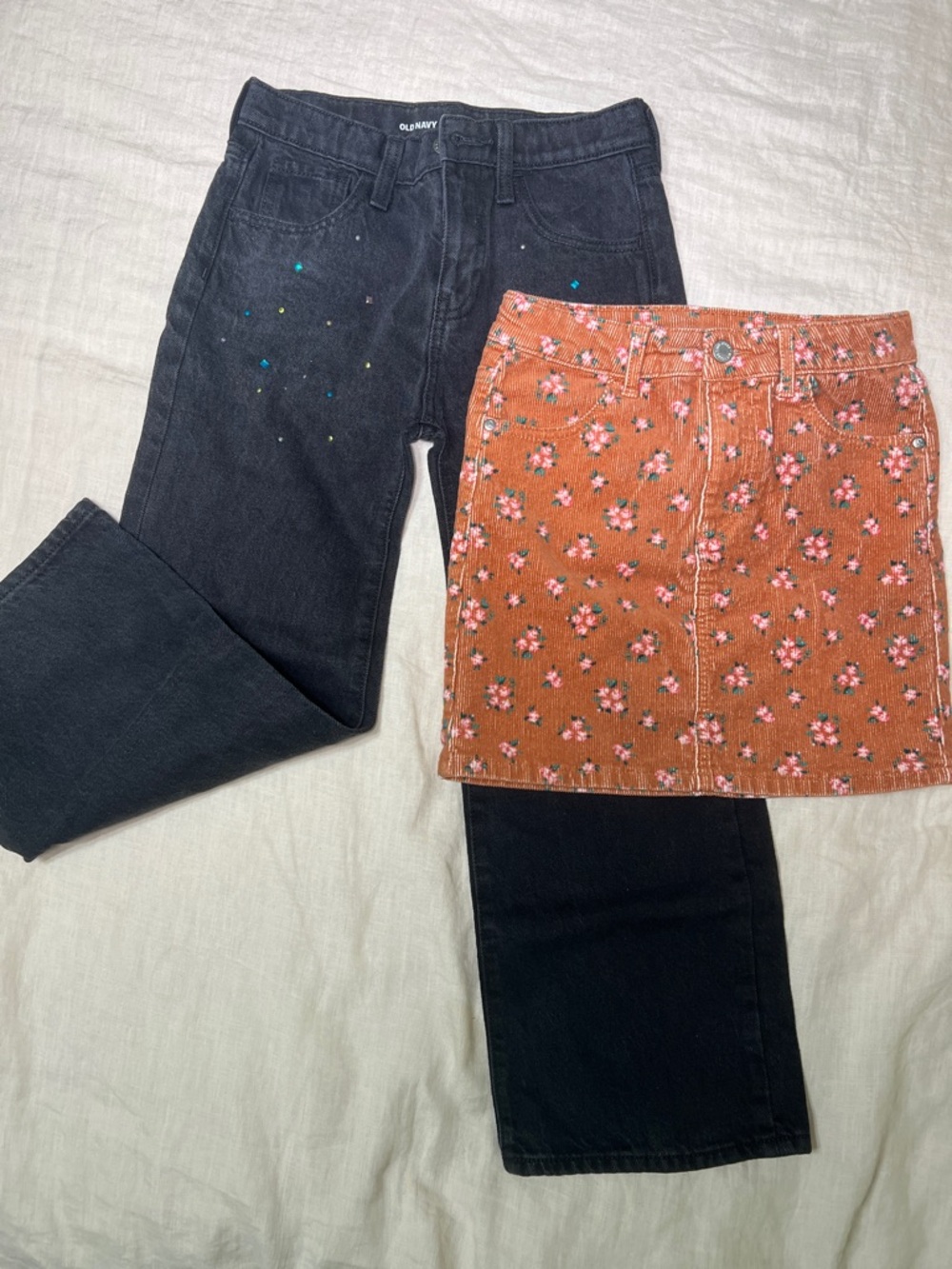 Old Navy Black Jeans with Multicolor Rhinestone an floral print corduroy skirt